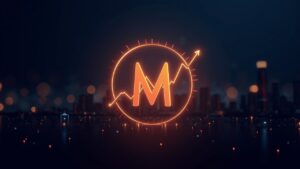 Center-focused Monero logo glows beside a rising price chart and privacy shields in a sleek fintech cityscape.