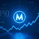 Futuristic newsroom with a glowing Monero logo, rising price chart toward 1150, and a blue network backdrop.