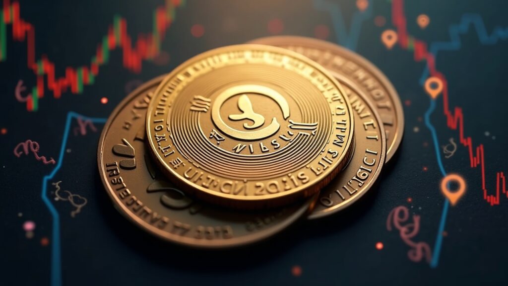 Photorealistic Monero coin with ring signatures, shields, and an upward price line amid regulatory tightening.