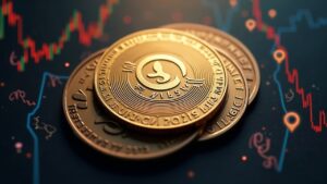 Photorealistic Monero coin with ring signatures, shields, and an upward price line amid regulatory tightening.