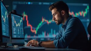 Photorealistic header: trader watches Monero (XMR) rise as Zcash fades, with governance icons and charts in the background.