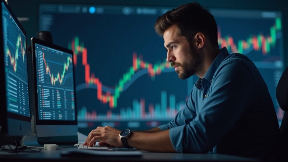 Photorealistic header: trader watches Monero (XMR) rise as Zcash fades, with governance icons and charts in the background.