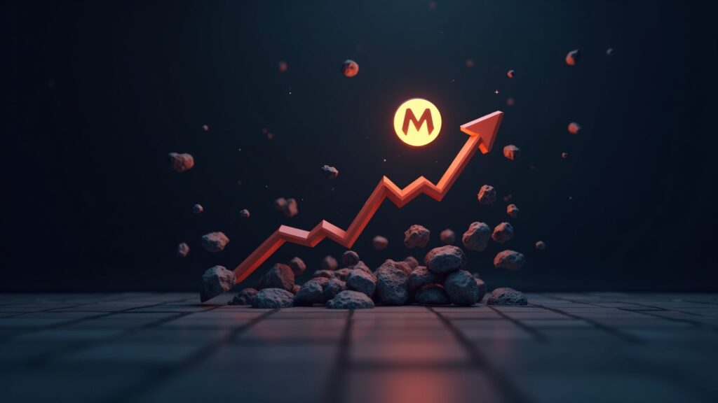 Monero XMR logo rising beside a gravity-defying price chart, CMF dips and sentiment icons fall in a crypto newsroom setting.