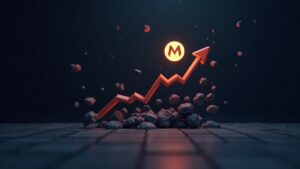 Monero XMR logo rising beside a gravity-defying price chart, CMF dips and sentiment icons fall in a crypto newsroom setting.