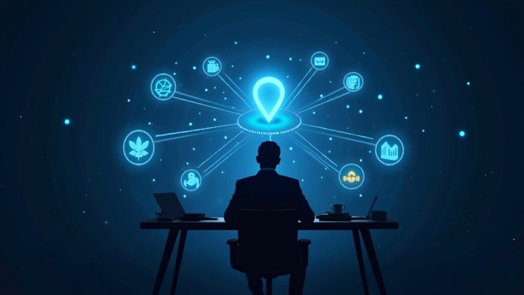 Executive at desk with a holographic crypto network, Morgan Stanley and Binance branding, ETF and staking icons.
