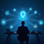 Executive at desk with a holographic crypto network, Morgan Stanley and Binance branding, ETF and staking icons.