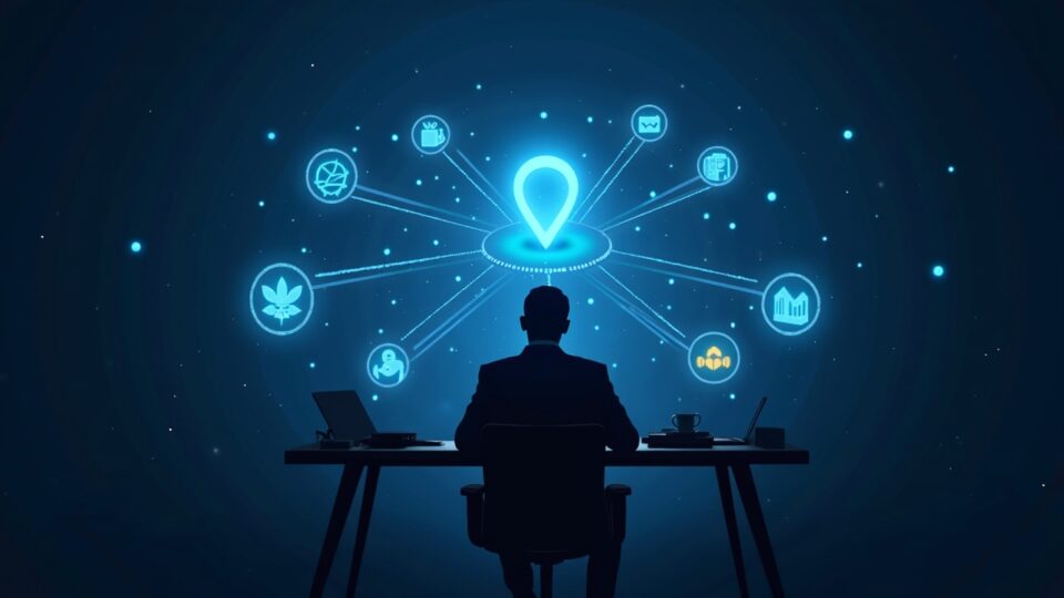 Executive at desk with a holographic crypto network, Morgan Stanley and Binance branding, ETF and staking icons.