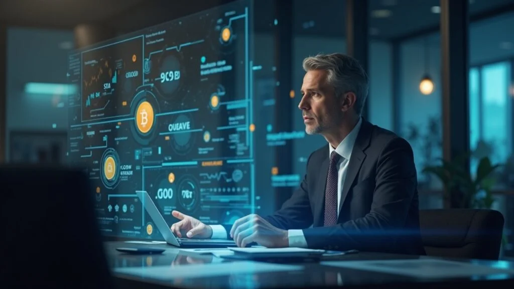 Photorealistic Morgan Stanley executive in a modern office with holographic BTC, ETH, SOL and a digital wallet.