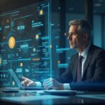 Photorealistic Morgan Stanley executive in a modern office with holographic BTC, ETH, SOL and a digital wallet.