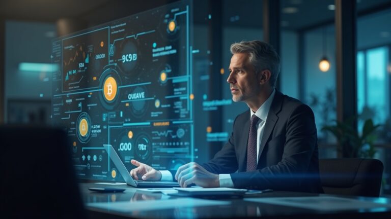 Photorealistic Morgan Stanley executive in a modern office with holographic BTC, ETH, SOL and a digital wallet.