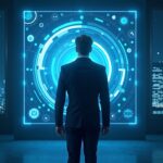 Banker in a suit stands before a holographic vault of tokenized assets with a city skyline and crypto charts.