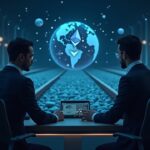 Fintech executive at merchant terminal with Ethereum on-chain rails across globe, Morph branding and Bitget Wallet icons.