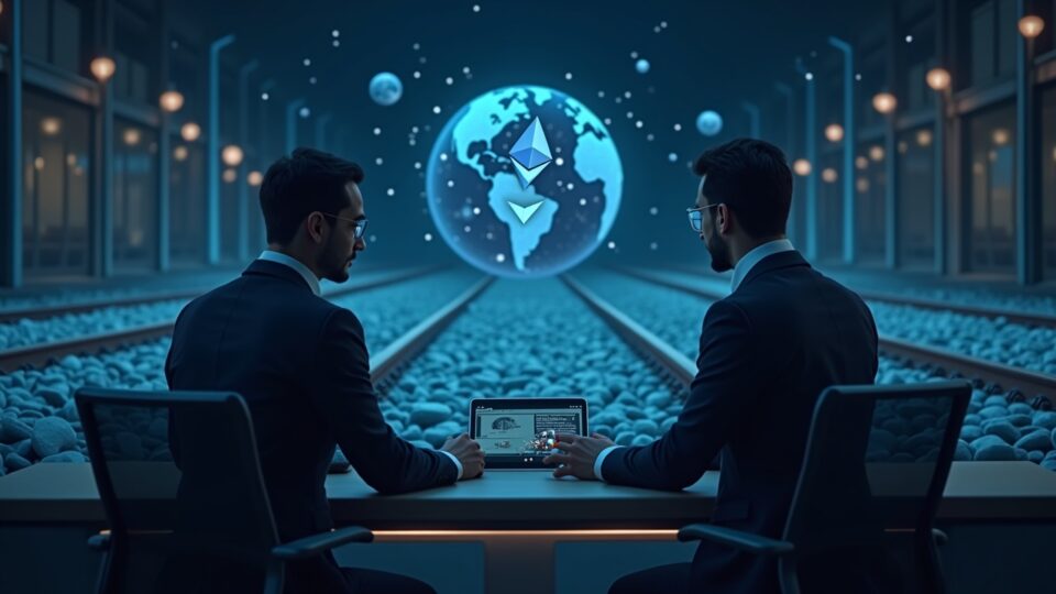 Fintech executive at merchant terminal with Ethereum on-chain rails across globe, Morph branding and Bitget Wallet icons.