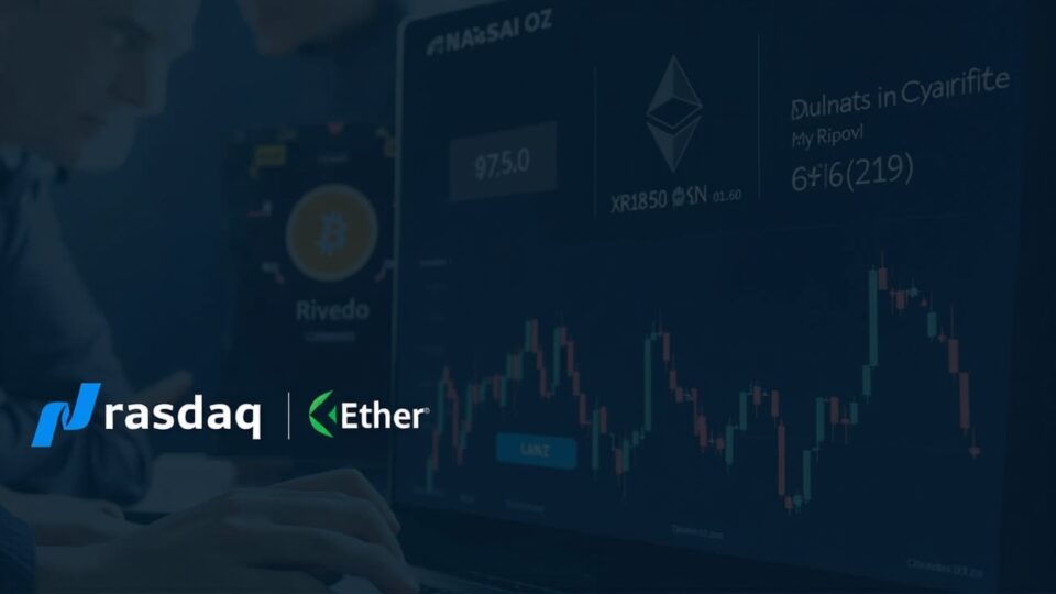 Professional scene: Nasdaq logo with Bitcoin and Ether tickers and a rising liquidity chart.