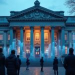 Photorealistic Dutch central bank facade with rising holographic crypto charts and watching investors