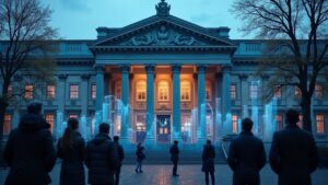 Photorealistic Dutch central bank facade with rising holographic crypto charts and watching investors