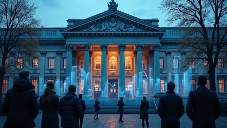 Photorealistic Dutch central bank facade with rising holographic crypto charts and watching investors