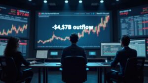 Photorealistic newsroom with an analyst at center, screens show a -$4.57B Bitcoin ETF outflow in Nov–Dec 2025.