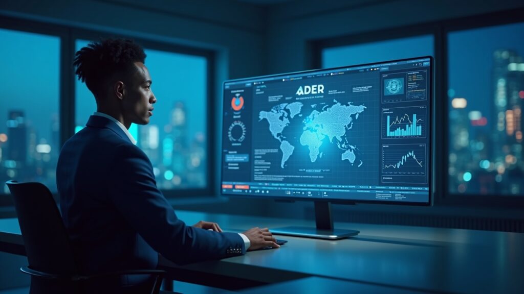 Diverse investigator uses a no-code dashboard to view holographic blockchain graphs and AI anomaly alerts.