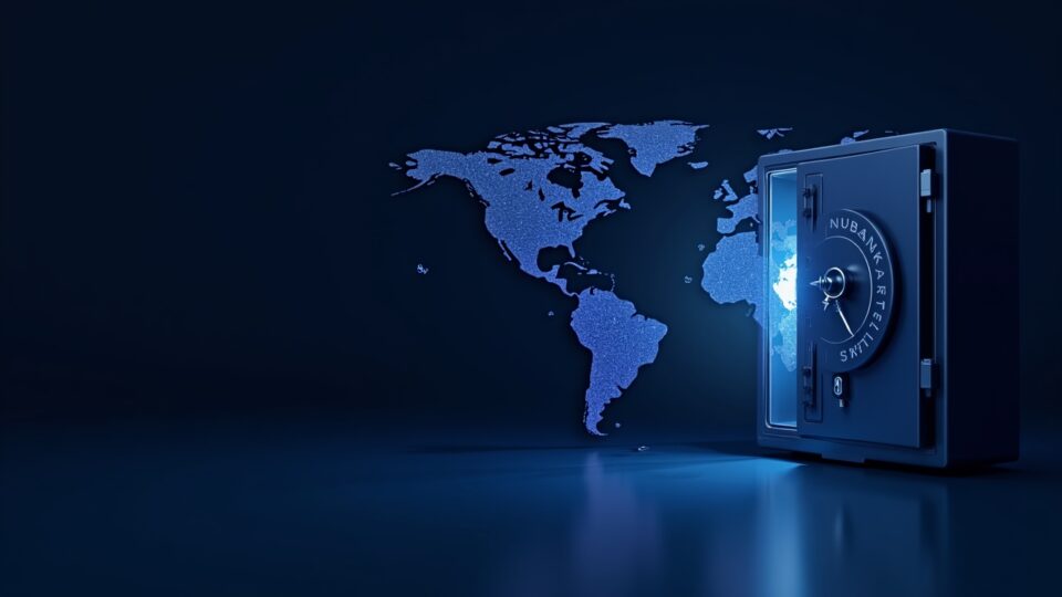 Nubank branding beside a digital vault, with a US–Latin America map and custody icons.