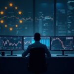 Photorealistic trading desk with a focused analyst, screens show blockchain charts and a Europe regulatory backdrop.