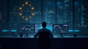 Photorealistic trading desk with a focused analyst, screens show blockchain charts and a Europe regulatory backdrop.