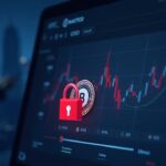 Photorealistic crypto exchange dashboard with a red lock sealing frozen stablecoins, a KYC badge, and regulator silhouette.