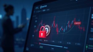 Photorealistic crypto exchange dashboard with a red lock sealing frozen stablecoins, a KYC badge, and regulator silhouette.