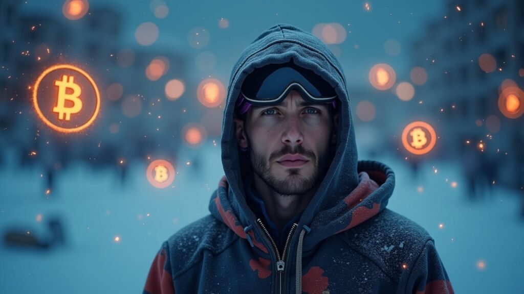 Photorealistic portrait of a former Olympic snowboarder in a hoodie with floating crypto logos and blockchain glow over a Mexico City backdrop.