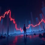 Photorealistic crypto news header: XCN price chart with red sell walls and a wary trader against a neon blue-red backdrop.