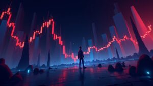 Photorealistic crypto news header: XCN price chart with red sell walls and a wary trader against a neon blue-red backdrop.