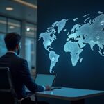 Photorealistic executive in a modern office with a world map and USDGO logos illustrating global cross-border payments.