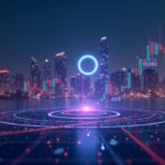 Analyst studies holographic PENGU price chart with on-chain divergence and lines at 0.01138 and 0.01382 over a city skyline.