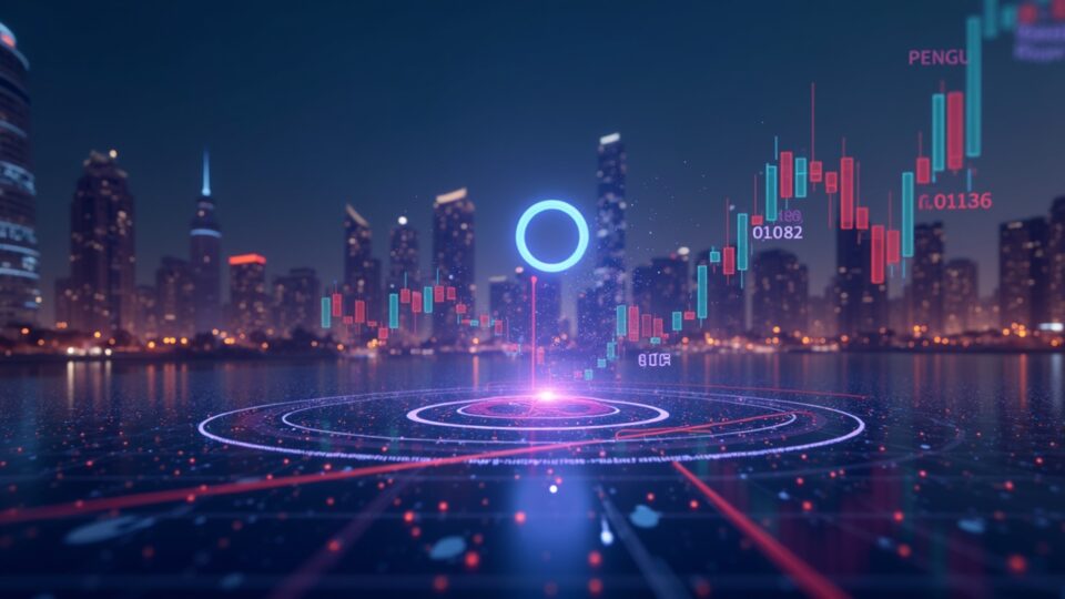 Analyst studies holographic PENGU price chart with on-chain divergence and lines at 0.01138 and 0.01382 over a city skyline.