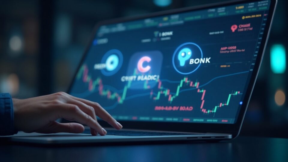 Photorealistic trader studies a holographic PEPE, BONK, FLOKI logos display above a rising crypto chart.
