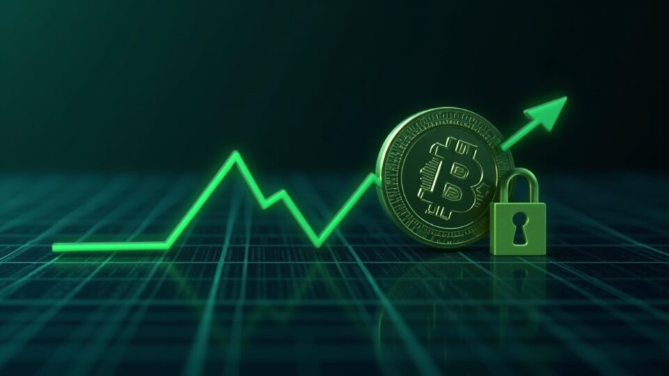 Photoreal Pi Coin logo on a digital grid with green rebound from a record low and an unlock icon signaling liquidity risk.