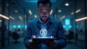 Developer with Pi Network logo on tablet; glowing 10-minute rails and Stellar visuals in a crypto newsroom.