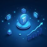 Newsroom header: Pi Network coin centered with developer-tool icons and a blue upward glow.
