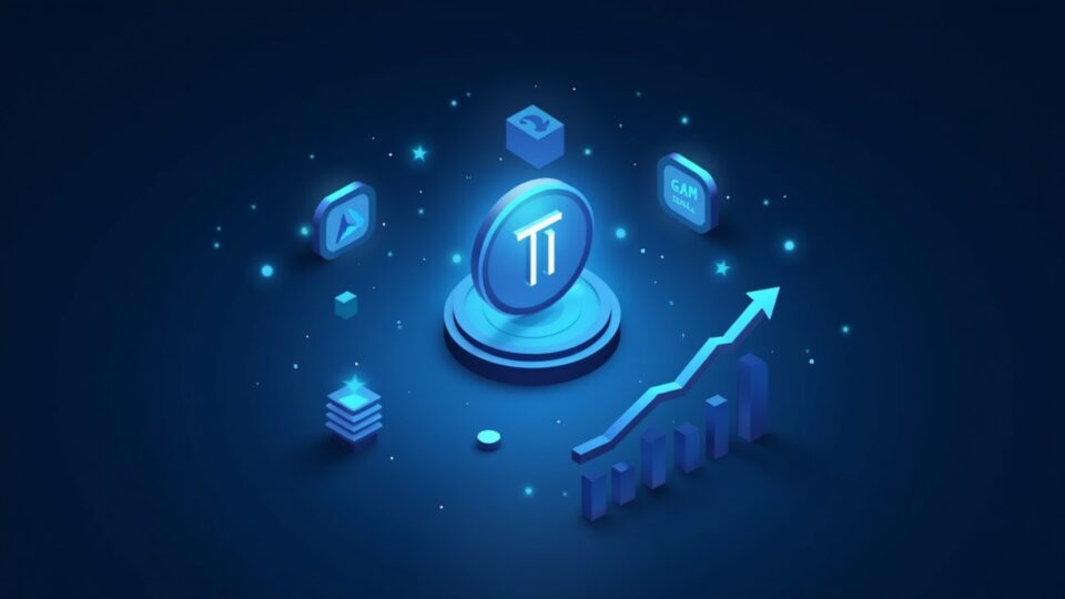 Newsroom header: Pi Network coin centered with developer-tool icons and a blue upward glow.