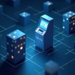 Photorealistic newsroom image of Polygon and Coinme ATMs merging into a blockchain network