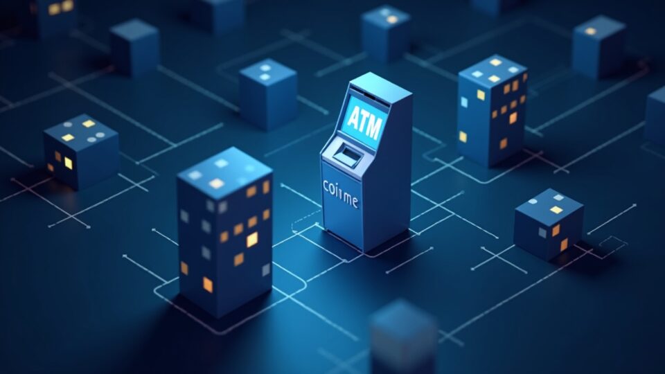 Photorealistic newsroom image of Polygon and Coinme ATMs merging into a blockchain network