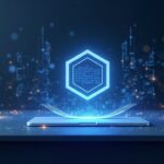 Photorealistic fintech desk with Polygon logo and holographic Open Money Stack cross-border rails display.