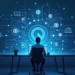 Photorealistic fintech engineer at a sleek desk with a holographic Money Stack, showing fiat rails and on-chain settlement; Polygon branding.