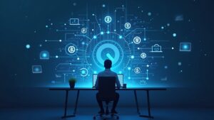 Photorealistic fintech engineer at a sleek desk with a holographic Money Stack, showing fiat rails and on-chain settlement; Polygon branding.