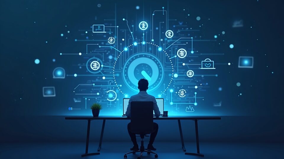 Photorealistic fintech engineer at a sleek desk with a holographic Money Stack, showing fiat rails and on-chain settlement; Polygon branding.