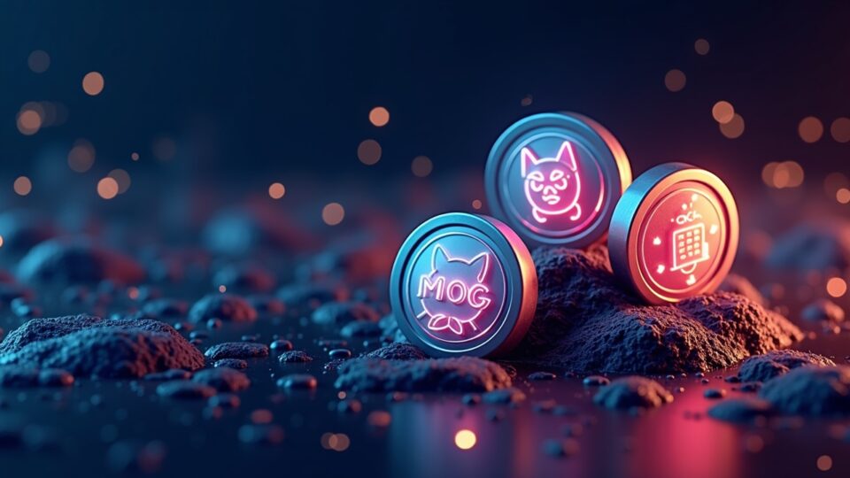 Photorealistic crypto header showcasing PONKE, POPCAT and MOG with a dynamic market backdrop and unlock countdown.
