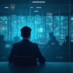 Photorealistic crypto trader between a Regulation glass wall and a privacy shield with ZK proofs, newsroom vibe.