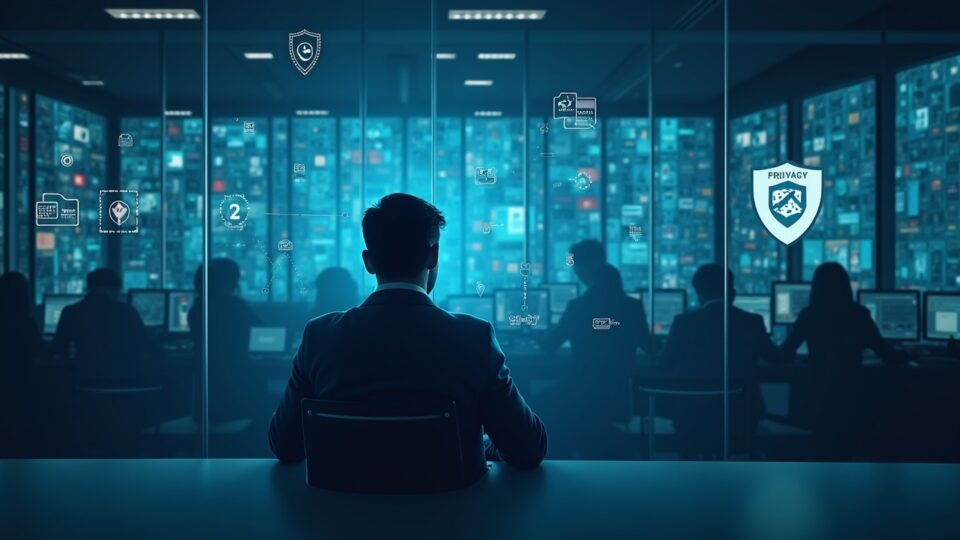 Photorealistic crypto trader between a Regulation glass wall and a privacy shield with ZK proofs, newsroom vibe.