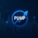 Photorealistic crypto scene with PUMP logo, rising arrow and resistance line against blue newsroom data streams.