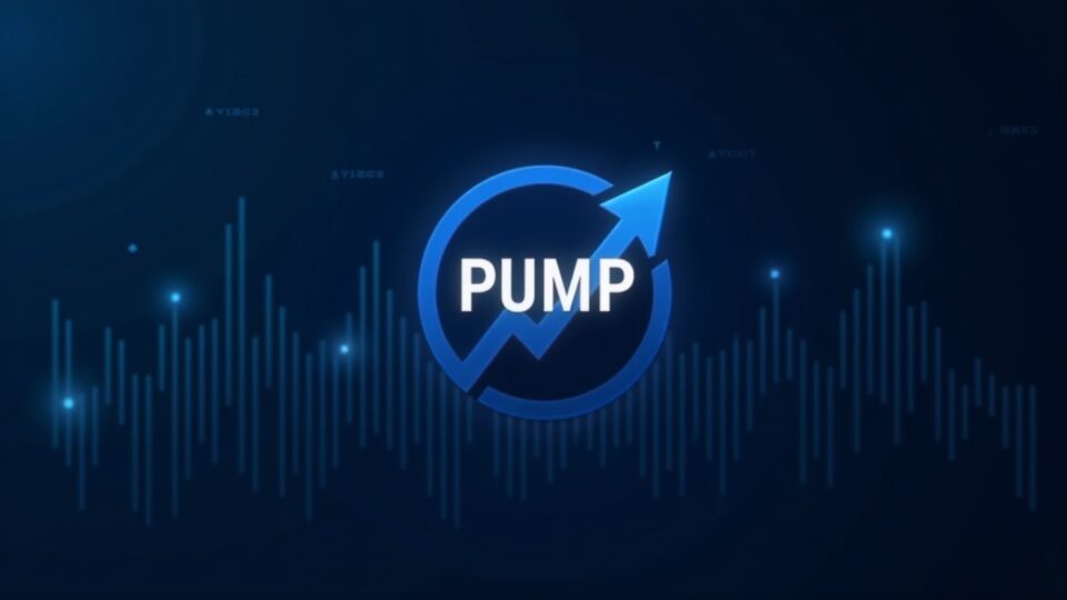 Photorealistic crypto scene with PUMP logo, rising arrow and resistance line against blue newsroom data streams.